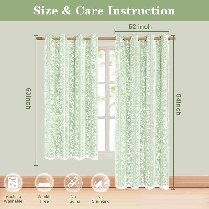 ASPMIZ Sage Green Blackout Curtains for Bedroom 63 inch Long, Double Layer Curtains with Lace Overlay, Light Blocking Grommet Drapes for Living Room Thermal Insulated Window Curtain Set of 2, 52x63