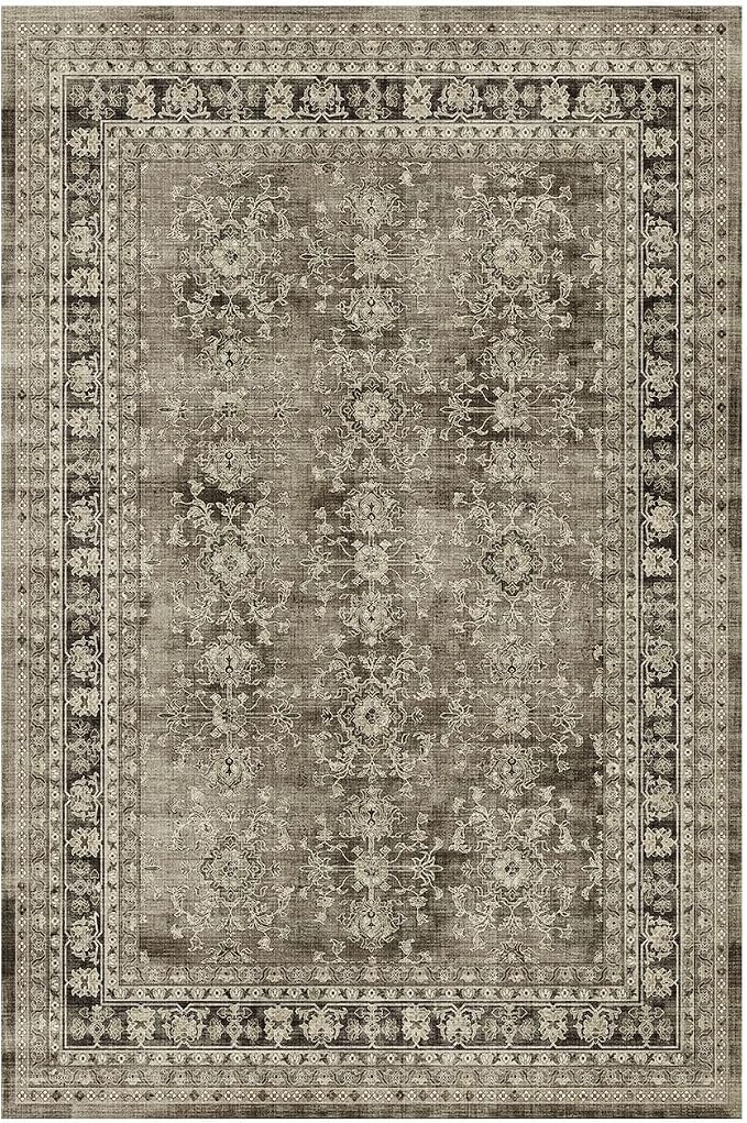 Lessymo Small Area Rugs 2x3 ft, Vintage Brown Machine Washable Rug for Entryway Kitchen Bathroom, Non Slip Low Pile Indoor Door Mat, Distressed Boho Floral Accent Carpet