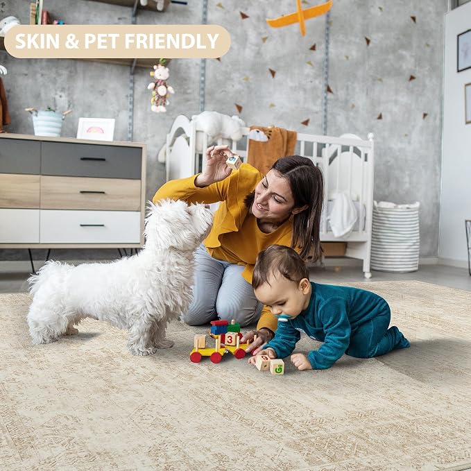 6x9 Area Rugs for Living Room Rug Washable: Abstract Rug for Dining Room Bedroom Carpet Non Slip 6 by 9 Indoor Modern Nursery Home Office Beige