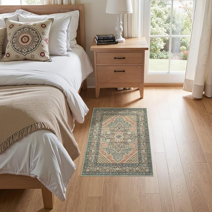 Tortania Area Rug 2x3 Doormat - Washable Vintage Oriental Farmhouse Soft Thin Indoor Carpet for Living Room Bedroom Hallway Entryway Kitchen - Sage Terracotta
