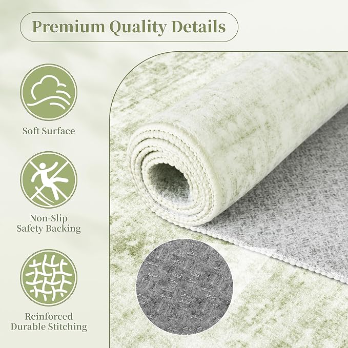 Washable Rugs 5x7, Vintage Boho Carpet for Nursery, Light Green | for Bedroom and Living Room, Low Pile Indoor Neutral Area Rug with Non-Slip Silicone Backing, Non-Shedding