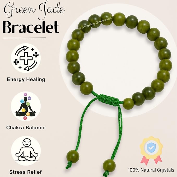 Amazing Gemstone Jade Bracelet, Gifts for Men & Women - Green Jade Protection Healing Crystal Bracelet - 8mm Gemstone Beaded Adjustable Bracelet, Pulseras para Hombres Mujer Stocking Stuffers