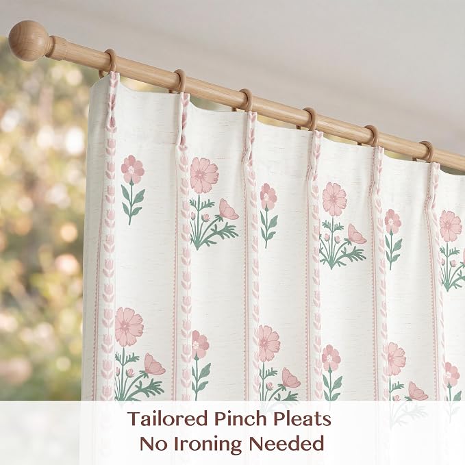 THREE GIRLS Pinch Pleated Light Filtering Linen Blend Floral Block Print Curtains for Girls Room, Nursery, Living Room, Modern Farmhouse, Memory Trained, Hooks, 2 Panels Set, 40"x95", Pink
