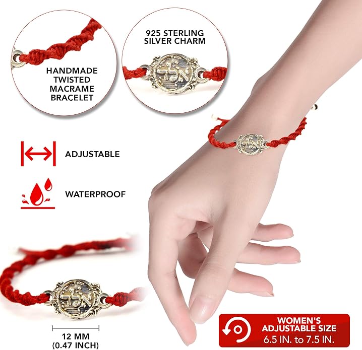 Women's Elegant Red Cotton Cord Macrame Twisted Adjustable Bracelet with Authentic 925 Sterling Silver Protective Coin Charm - Perfect for Wrist Sizes 6.5" to 7.5" - Stylish & Meaningful Jewelry Gift