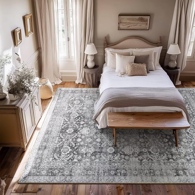 Boho Washable 6x9 Area Rugs for Living Room, Cushioned, Grey | Vintage Non-slip Neutral Oriental Rugs for Bedroom Dining Room Nursery Office High Traffic Area