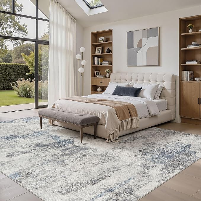 DMOYEST 8x10 Area Rug for Living Room, Washable & Non Slip Large Indoor Carpet, Kid & Pet Friendly Soft Thin Low Pile Abstract Rug for Bedroom and Office - Grey Blue