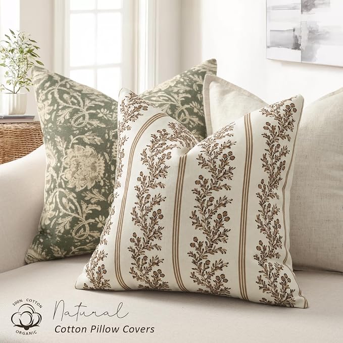Vintage Throw Pillow Covers 18x18 Set of 2, Striped Floral Pillow Cover Botanical Patterned Decorative Cushion Covers Modern Farmhouse Home Decor for Sofa Couch Bed Living Room, Mocha Brown