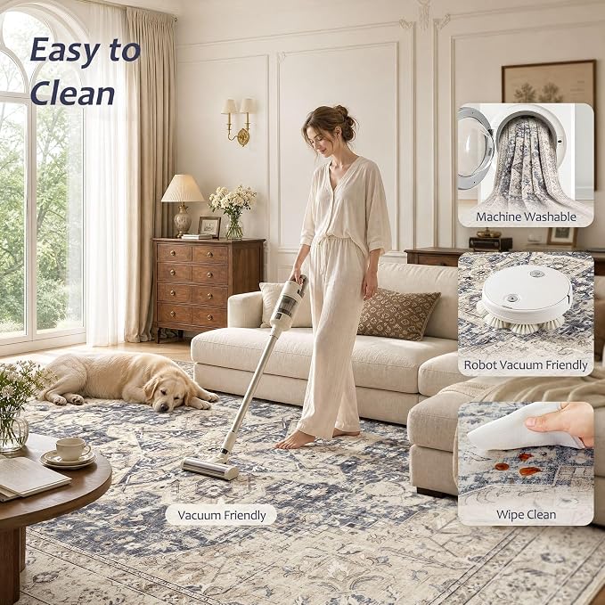 Tortania Area Rug Living Room Rugs - 5x7 Washable Boho Rug Vintage Oriental Distressed Farmhouse Large Thin Indoor Carpet for Living Room Bedroom Under Dining Table Home Office - Cream Blue