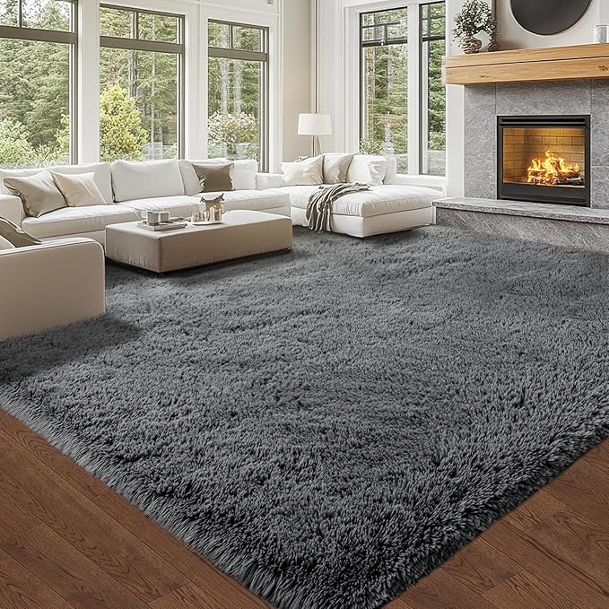 Shag Rugs for Living Room 9x12: 9x12 Shag Area Rugs for Living Room- Large Soft Grey Rugs for Bedroom- Fuzzy Plush Modern Carpets for Kids Room (Grey