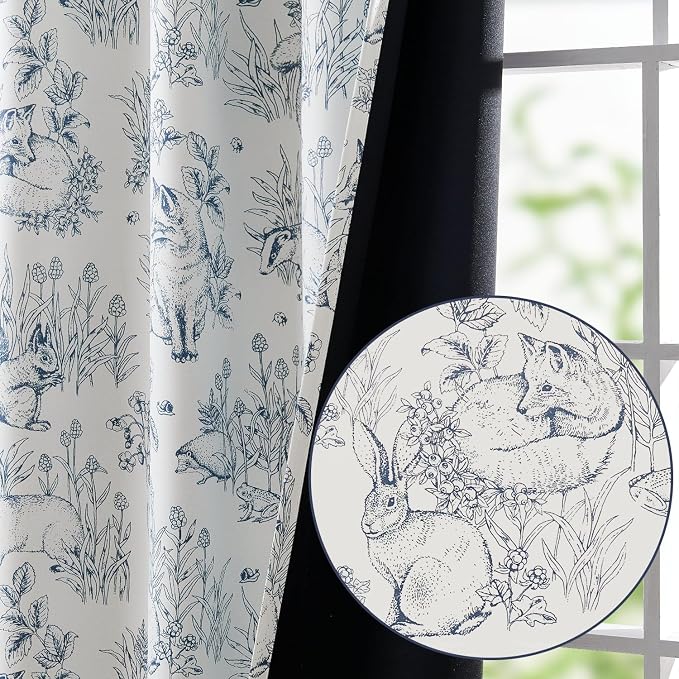 jinchan Blue Blackout Curtains W38xL63 Whimsical Back Tab 2 Panels | Room darkening,nursery kids bedroom,privacy,whimsical,cottagecore,bunny pattern,botanical,nature-inspired decor