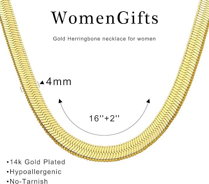 WomenGifts 14K Gold Silver Plated Herringbone Necklace for Women, Dainty Snake Chain Choker, Trendy Simple Long Layered Jewelry Non Tarnish, 3/4/5/8mm,14,16,18,20,22,24,26 Inch Thin & Chunky Options