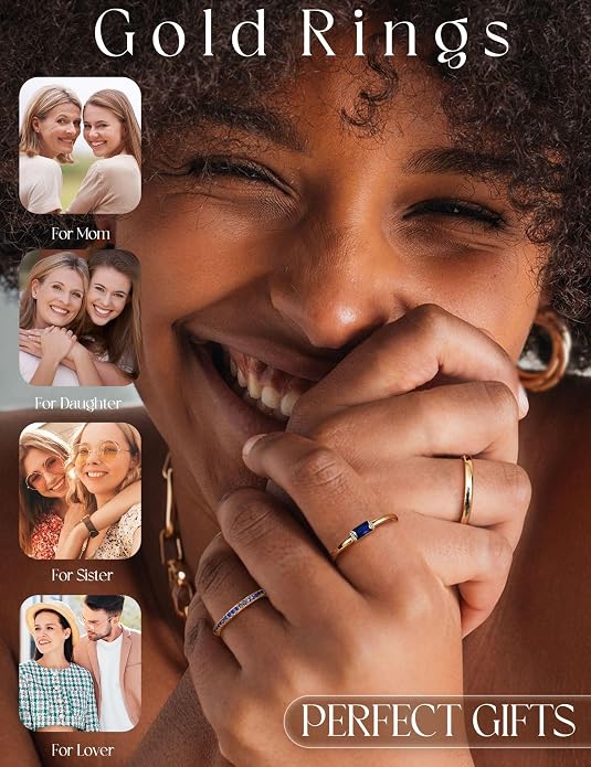 Gold Stackable Birthstone Rings for Women - 18K Gold Filled Non Tarnish Dainty Gold Stacking Rings Set - Cubic Zirconia Thumb Knuckle Ring Wedding Engagement Ring for her Gifts Size 6 7 8 9 10 3pcs