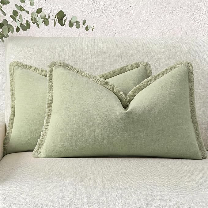 decorUhome Linen Fringe Sage Green Throw Pillow Covers 12x20 Set of 2 | Decorative Soft Accent Modern Boho Farmhouse Lumbar Cushion Covers with Tassels Cotton Pillow Covers for Couch Bed Sofa