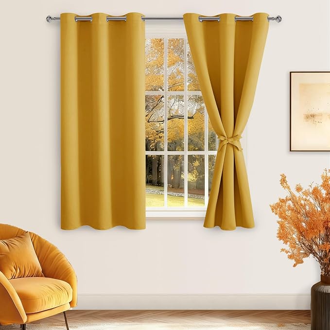 Hiasan Short Blackout Curtains for Bedroom - Thermal Insulated & Light Blocking Window Curtains for Living Room, 2 Drape Panels Sewn with Tiebacks, Mustard Yellow, 38 x 45 Inch
