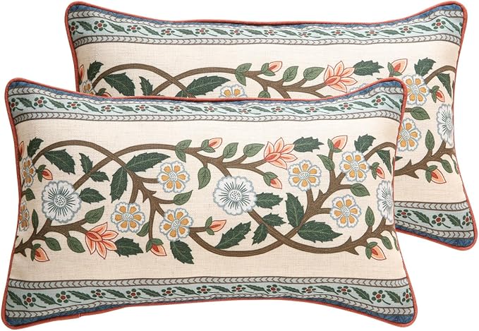 ISAENNE Vintage Linen Throw Pillow Cover,Set of 2,20"x12"-Naples C | Designer French Elegant Pillow Cover,Concealed Zipper Design,Floral Pattern,Sofa,Bedroom,Living Room,Lounge Chairs