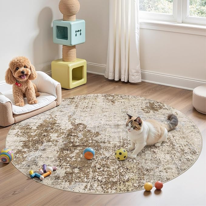 5ft Round Area Rug Living Room Rugs - 5x5 Washable Large Soft Indoor Neutral Modern Abstract Low Pile Rug Carpet for Bedroom Dining Room Farmhouse Home Office - Light Brown