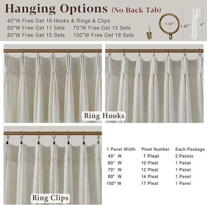 Beige Pleated Linen Curtains 120 Inch Length 2 Panels Set Semi Sheer Light Filtering Light Tan Window Drapes for Living Room Modern Viral Pinch Pleated Curtains 120 Inches with Hooks Rings Clips