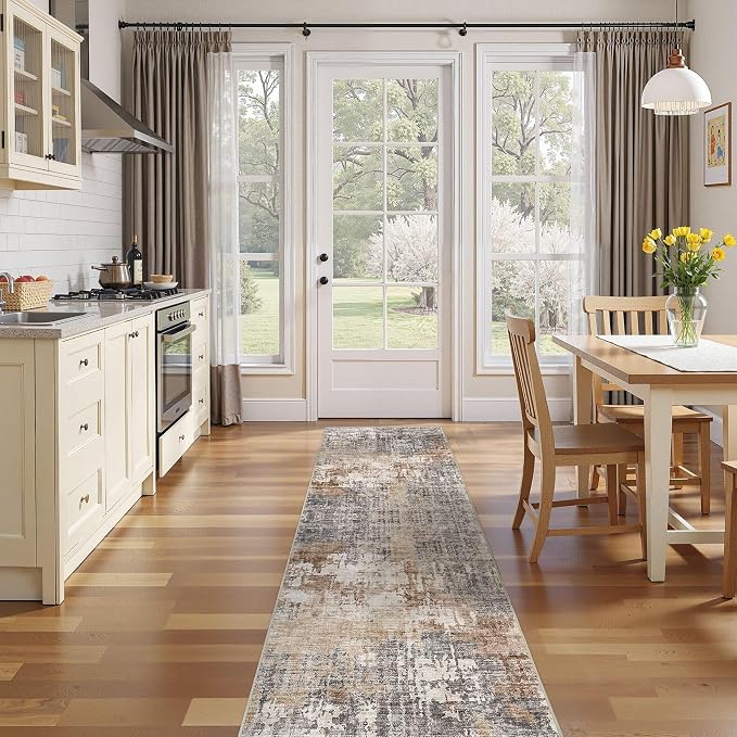 DMOYEST Washable Runner Rug for Hallway: 2.6x12 Neutral Modern Abstract Low Pile Area Rug with Non-Slip Backing - Carpet for Bedroom Kitchen Laundry Entryway Bathroom Indoor - Grey Brown