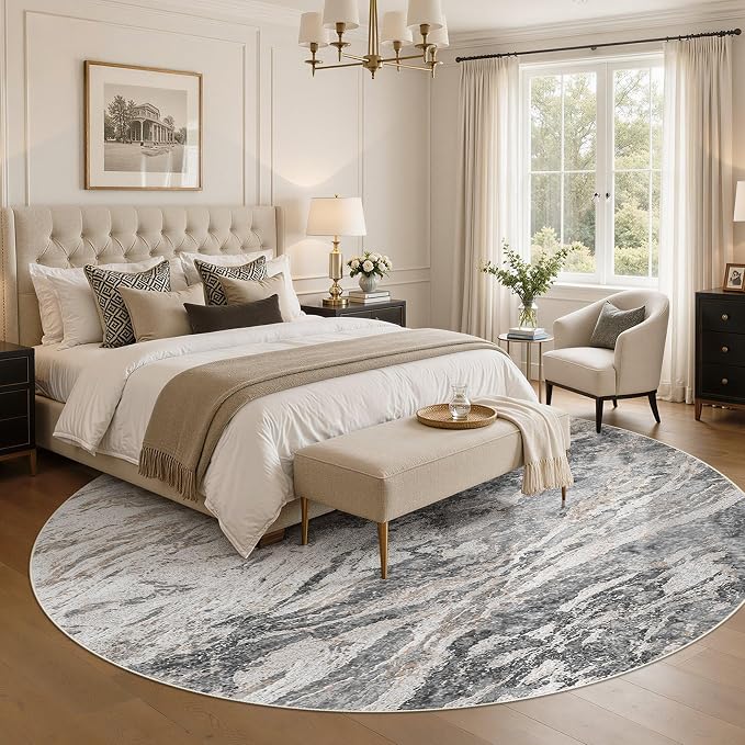 Area Rugs for Living Room: 10ft Round Abstract Washable Rug Modern Neutral Large Soft Stain Resistant Non-Slip for Bedroom Dining Room Indoor Home Office Carpet - Tapue