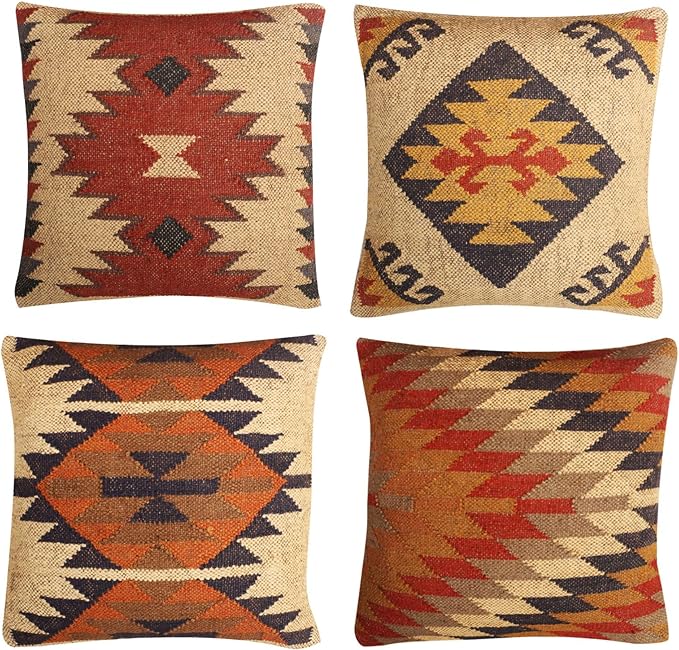 Set of 4 Wool Jute Vintage Kilim Cushion Covers,Home Decor Pillowcases Handwoven Turkish Pillow Decorative Throw Pillow Covers (Multicolor-6)