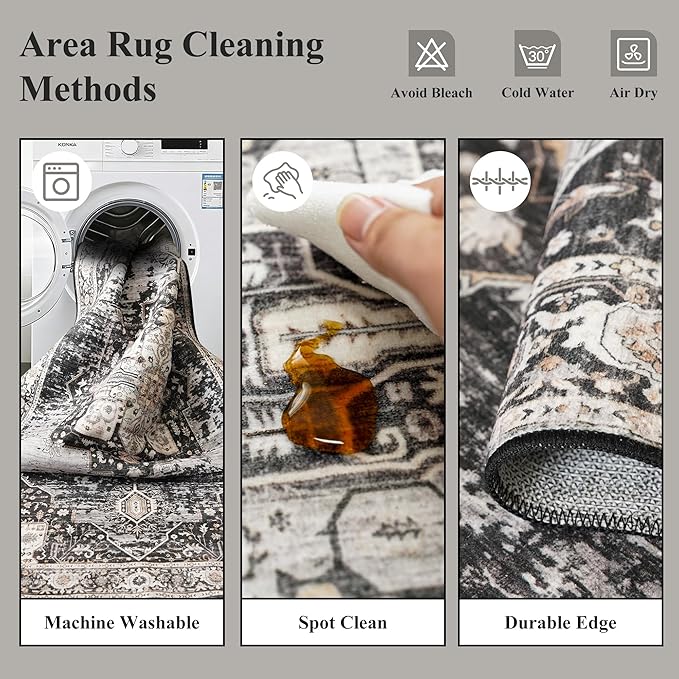 RUUGME Washable 7x8 Area Rug - Non Slip Ultra Thin Soft Living Room Rugs Vintage Distressed Stain Resistant Home Decor Mat for Bedroom,Dining Room,Nursery 7x8 Black