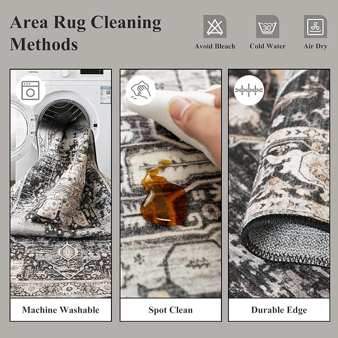 RUUGME Washable 5x7 Area Rugs - Large Rugs for Living Room Stain Resistant Carpet Vintage Rugs for Bedroom with Non Slip Backing Home Decor Floor Decoration Mat (5x7 Black)