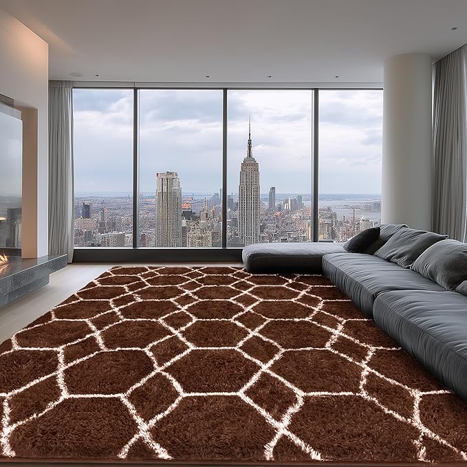 Fluffy Rug for Living Room, Soft Modern 8x10 Brown and White Shag Area Rugs | Non Slip Brown Carpet for Bedroom, Home Decor Aesthetic, Washable Large Fuzzy Plush Floor Mat for Nursery Teen Dorm