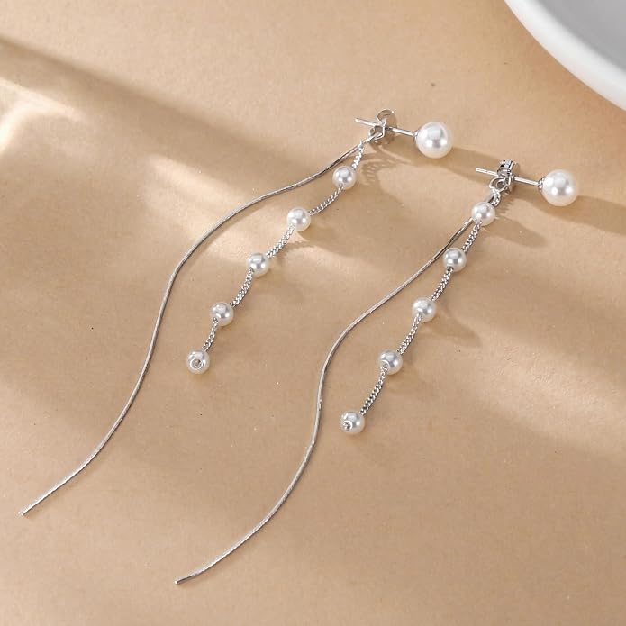 SLUYNZ Solid 925 Sterling Silver Simulated Shell Pearl Dangle Earrings Chain for Women Teens Elegant Long Dangle Earrings Tassel Wedding Bridal Earrings Prom Party Engagement Jewelry