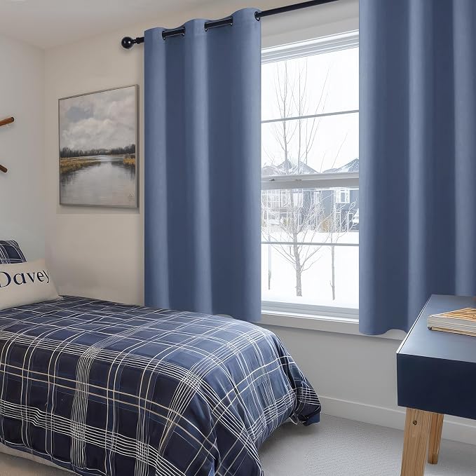 Hiasan Short Blackout Curtains for Bedroom - Thermal Insulated & Energy Saving Window Curtains for Living Room, 2 Drape Panels Sewn with Tiebacks, Blue Haze, 42 x 45 Inch