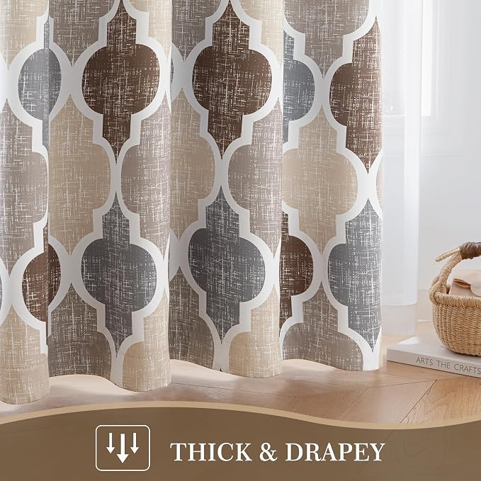 Beauoop Moroccan Valance Curtains for Kitchen Cafe Brown Grey 52x18 1 Panel | Geometric Blackout Short Curtains for Living Room Bedroom 18 Inch Length Thermal Quatrefoil Small Window Curtains Rod Pocket