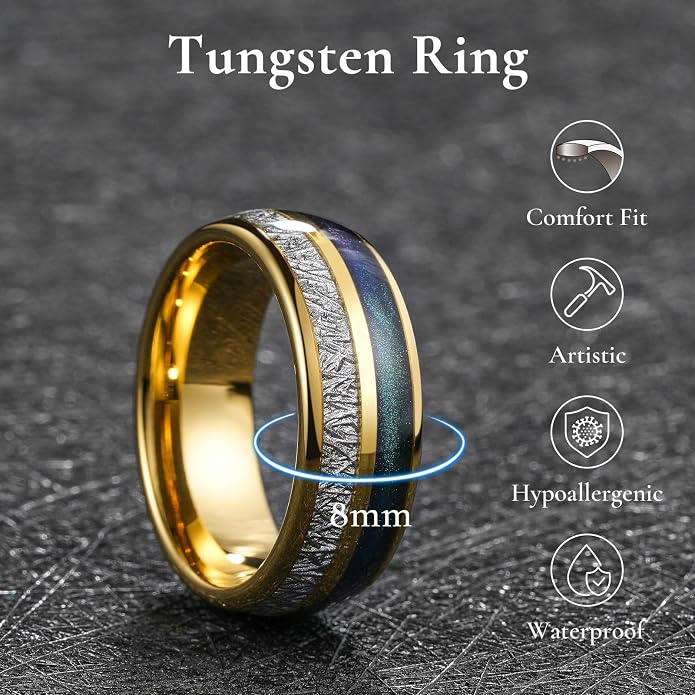 King Will Tungsten Rings for Men Meteorite Carbon Fiber Wood Inlay Mens Wedding Engagement Band Domed Polished