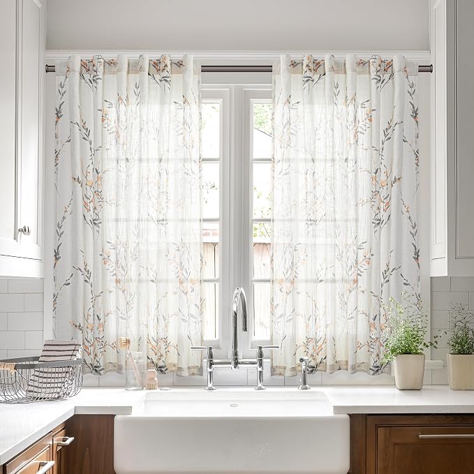 MYSKY HOME Kitchen Window Curtains Linen Sheer Drapes 45 Inches Long Floral Pattern Decorative Texture Light Filtering Privacy Protect for Bedroom Bathroom Closet Cafe, 50" x 45", Yellow, 2 Pieces