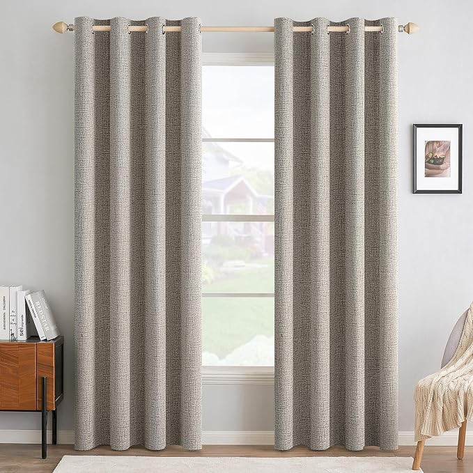 MIULEE Linen Curtains for Bedroom Solid 100% Blackout Thermal Insulated Greige Curtains Grommet Room Darkening Drapes for Living Room 52x72 Inch (2 Panels)