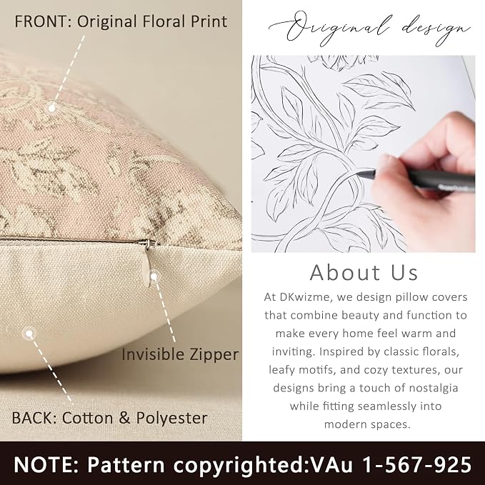 Vintage Floral Print Throw Pillow Covers 20x20 Set of 2 Neutral Modern Farmhouse Pillowcases Accent Decorative Cushion Covers Boho Home Decor for Couch Sofa Chair Bed Living Room, Champagne Pink