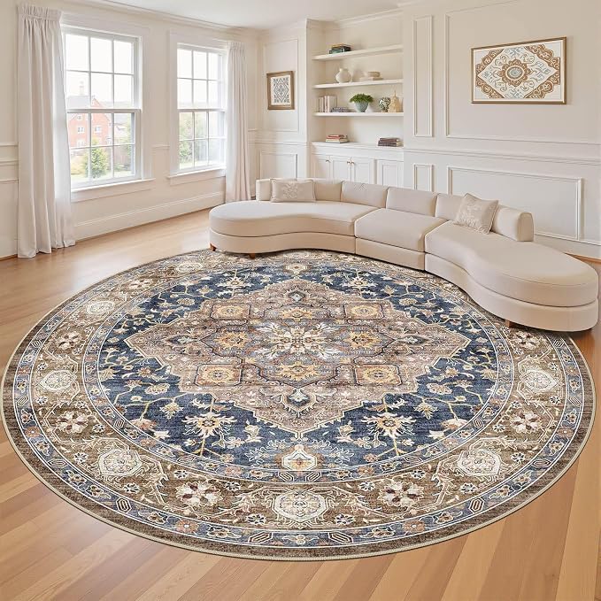 Round Rug Living Room Rugs: 10x10 Washable Boho Neutral Large Circle Soft Indoor Floral Stain Resistant Floor Farmhouse Carpet for Bedroom Nursery Kids Playroom Office Dining Room Dorm- Yellow Blue