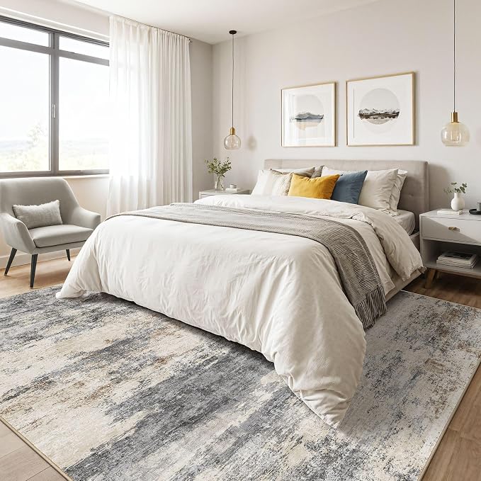 12x18 Area Rugs Living Room: Washable Large Abstract Modern Soft Rugs Stain Resistant Indoor Floor Non Slip Accent Carpet for Bedroom Nursery Playroom Office Dining Room Dorm Home Decor- Gray Brown