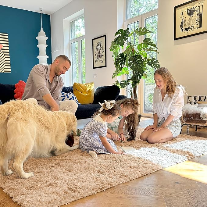 OLANLY 8x8 Machine Washable Large Area Rugs for Living Room, Bedroom, Soft Fluffy Shaggy Bedside Rug, Indoor Floor Carpet for Kids Girls and Boys, Dorms, Nursery, Home Decor Aesthetic, Beige