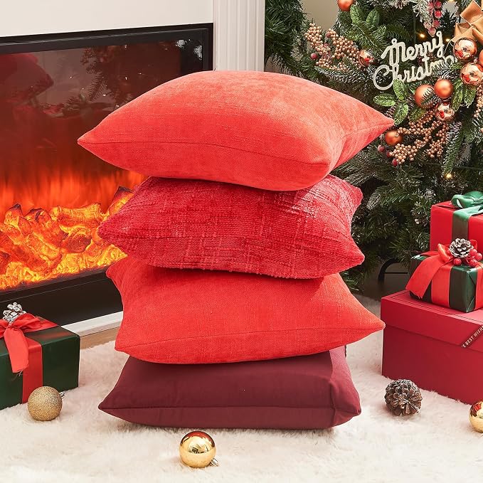 Pack of 4 Christmas Red Pillow Covers 20x20 Inch Chenille Throw Pillow Covers Solid Decorative Soft Xmas Cushion Covers Home Boho Textured Decor for Couch Sofa Bed Living Room