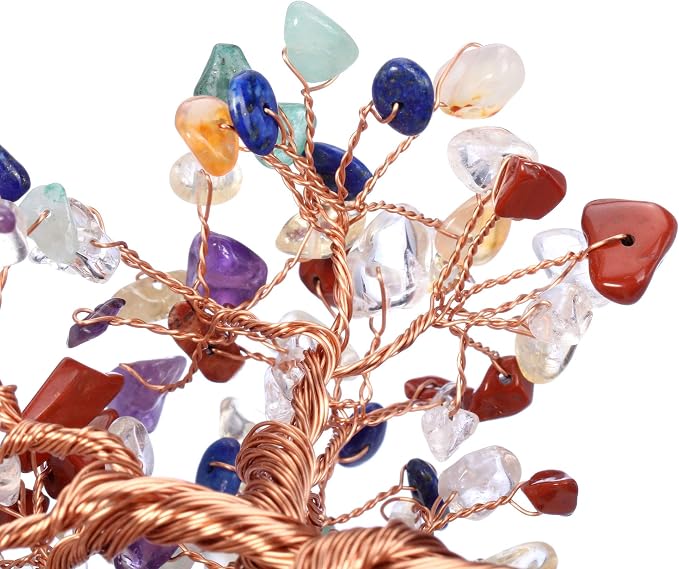 Jovivi Natural 7 Chakra Gemstone Healing Crystal Money Tree on Amethyst Cluster Geode Druzy Base Feng Shui Crystals for Home Office Desk Decorations, Wealth,Good Luck