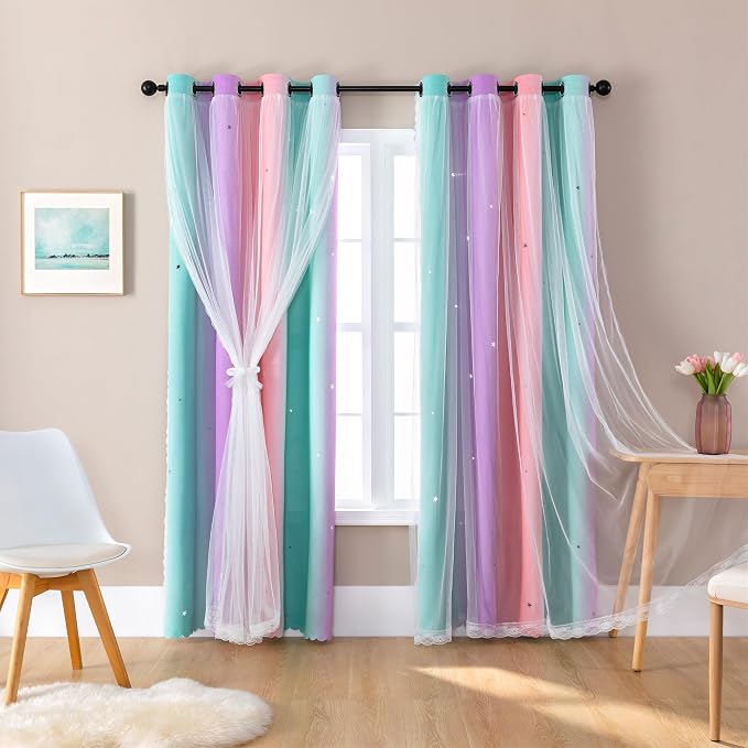 XiDi Girls Blackout Curtains 120 Inches Long for Bedroom, Room Darkening Grommet Window Ombre Curtains 2 Panels, Kids Unicorn Princess Theme Decor Colorful Rainbow Design Pink Purple Green 52Wx120L