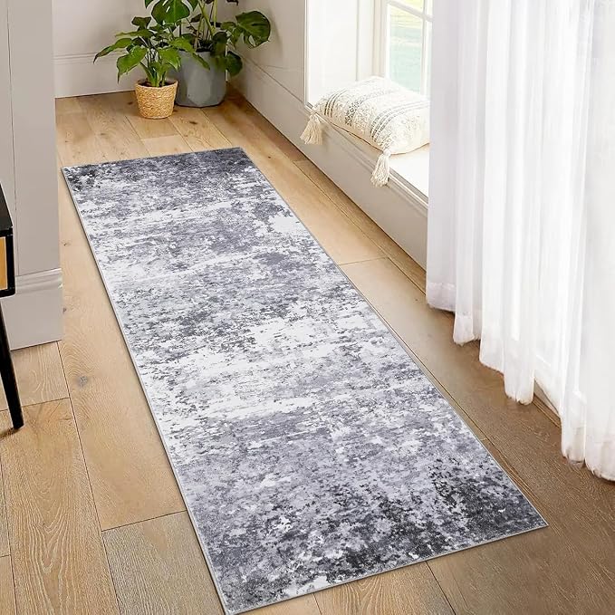 ROYHOME Modern Abstract Runner Rug 2x10 Washable Non Slip Stain Resistant Rug for Bedroom Living Room Non Shedding Low Pile Indoor Floor Cover,Light Grey