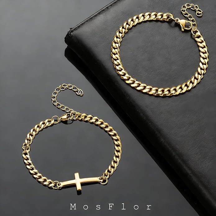 Cross Bracelet for Men, Silver/Gold/Black Mens Cross Bracelets Stack Stainless Steel Cuban Link Chain Bracelet Set Non Tarnish Adjustable Chunky Mens Jewelry Gifts for Men Dad Him Father's Day