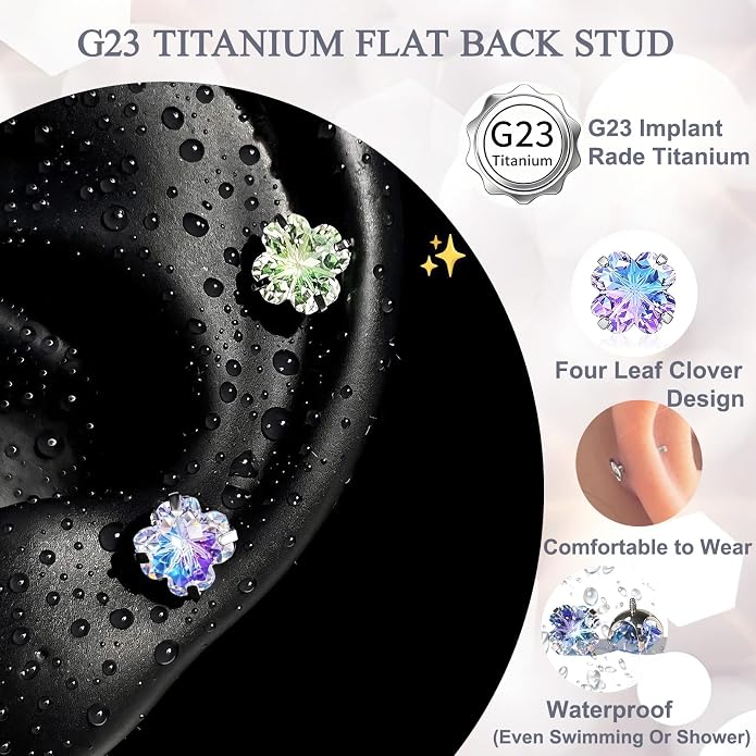 Flat Back Titanium Stud Earrings, Hypoallergenic G23 Titanium Cubic Zirconia Piercing, Versatile Eyebrow Lip Labret Cartilage Helix Sleeper 18G Jewelry for Women Men