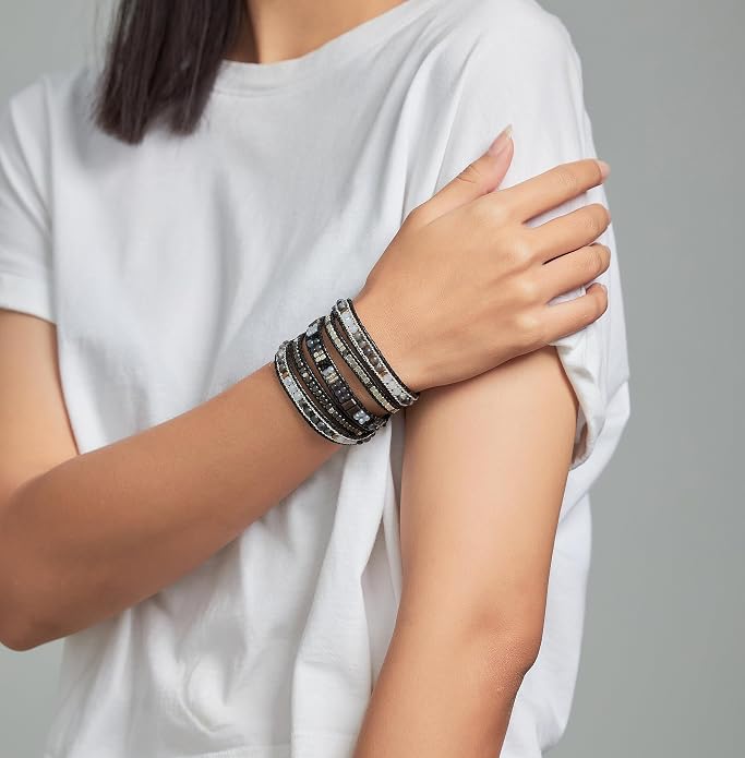 Bracelet for Women – Handmade Vegan Boho Natural Stone Layered Bracelet, Thailand Bohemian Stackable Beaded Wrap Bracelets, Summer Hippie Bracelet Stack, Fashion Jewelry Gifts
