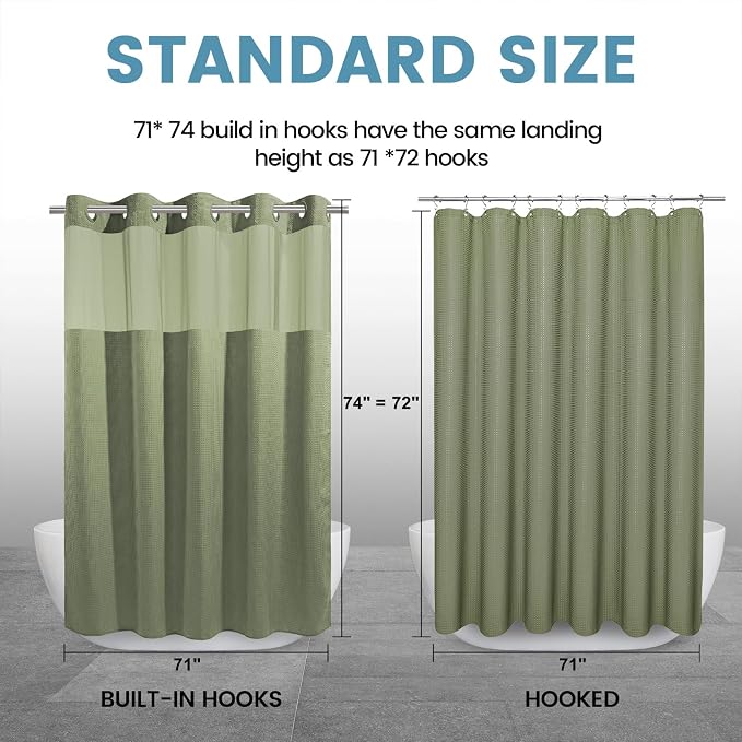 EUTXL Heavyweight Sage Green Hotel Shower Curtain - 256GSM Waffle Textured Heavy Duty Thick Fabric Shower Curtains for Bathroom,71W x 74H