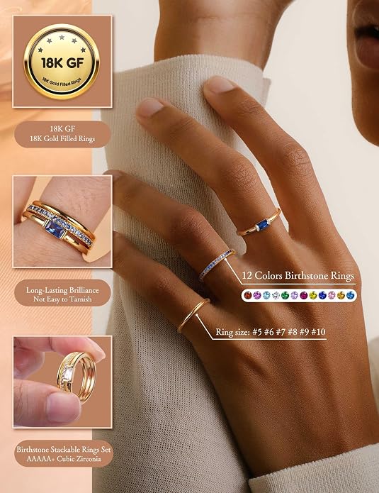 Gold Stackable Birthstone Rings for Women - 18K Gold Filled Non Tarnish Dainty Gold Stacking Rings Set - Cubic Zirconia Thumb Knuckle Ring Wedding Engagement Ring for her Gifts Size 6 7 8 9 10 3pcs