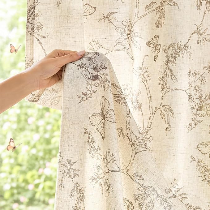 Lazzzy Charlotte Linen Taupe Floral Curtains 96 Inch Length Farmhouse Curtain Back Tab Drapes for Living Room Bedroom Light Filtering Vintage Rod Pocket Curtains, 2 Panels, Taupe on Beige