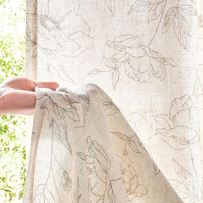 jinchan Floral Linen Curtains for Living Room 63 Inch Length Taupe Flower Curtain Rod Pocket Back Tab Farmhouse Curtains with Printed Floral Bedroom Window Curtain Set, 2 Panels Taupe