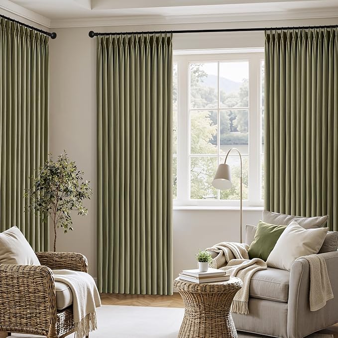 MIULEE Pinch Pleated Thick Linen Curtains 90 Inch 4 Panels Set Back Tab Memory Trained Pinch Pleat Semi Sheer Light Filtering Curtains Let Light in Window Drapes for Living Room Bedroom Olive Green
