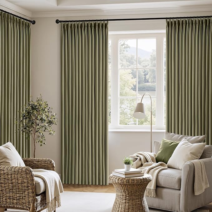 MIULEE Pinch Pleated Thick Linen Curtains 84 Inch 4 Panels Set Back Tab Memory Trained Pinch Pleat Semi Sheer Light Filtering Curtains Let Light in Window Drapes for Living Room Bedroom Olive Green